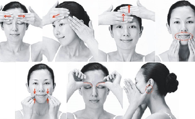 Bật mí cách nuôi dưỡng sắc đẹp của phụ nữ Nhật Bản Bên cạnh sử dụng mỹ phẩm, massage da mặt nhẹ nhàng sẽ giúp tế bào trẻ hóa, thông thoáng da mặt và quan trọng nhất là làm cơ mặt săn chắc, tránh hình thành nếp nhăn. Các bài tập massage như trong hình có thể thực hiện bằng tay, tại các vùng trán, khóe miệng, hai bên thái dương và vùng mắt dưới lông mày.