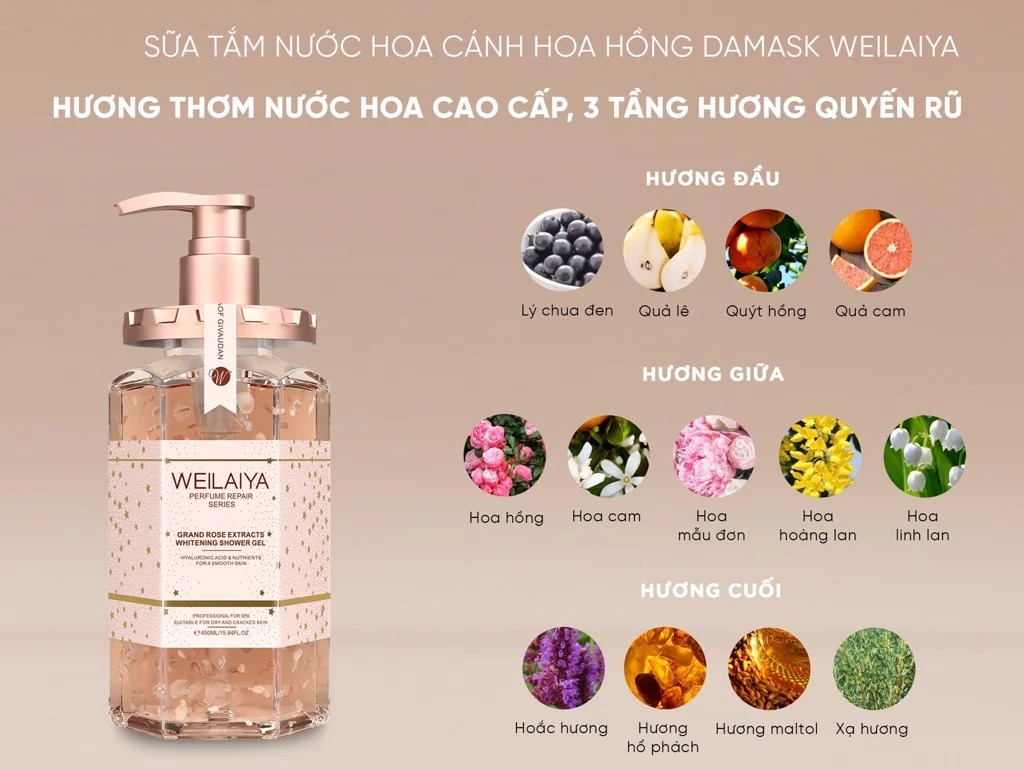 Sữa tắm trắng da Weilaiya Damask chiết xuất tuỷ mật hoa hồng Sữa tắm trắng da Weilaiya Damask chiết xuất tuỷ mật hoa hồng - Yêu Hàng Ngoại