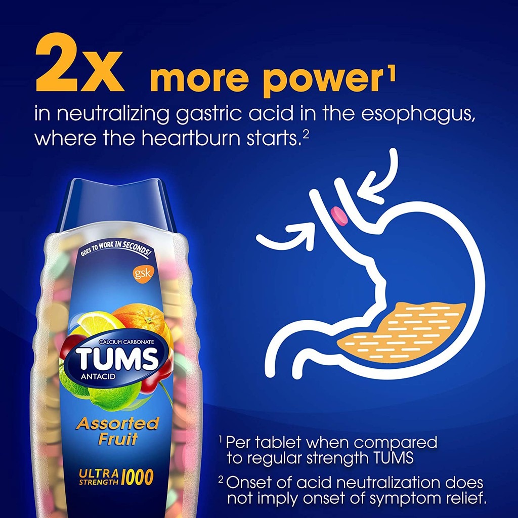 Viên nhai điều hỗ trợ dạ dày bao tử Tums Ultra Strength 1000 Antacid Assorted Berries Viên nhai điều hỗ trợ dạ dày bao tử Tums Ultra Strength 1000 Antacid Assorted Berries - Yêu Hàng Ngoại